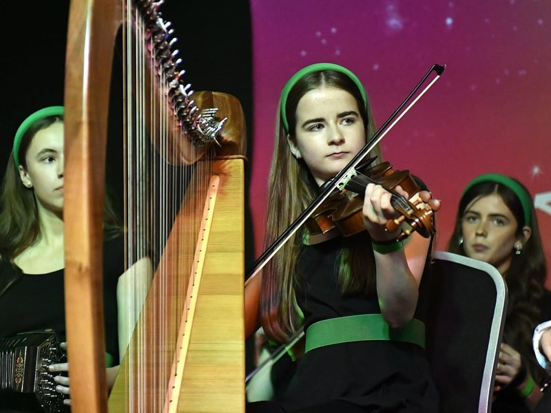 Young musicians playing during the Fleadh Mhór Dhoíre Céili Bands competition held in Studio 2. Photo: George Sweeney