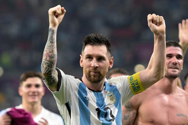 Argentina's forward #10 Lionel Messi celebrates after his team won the Qatar 2022 World Cup.