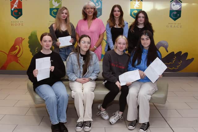 St Cecilia's College Principal Mrs. Mary Jo Carolan pictured with some of the students on GCSE Results Day on Thursday morning.
