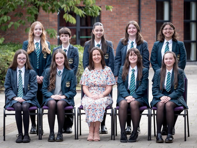 Top Performing Students at GCSE Level
Front Row: Ellen Bradley, Lily-Mai Burton, Mrs F. Kearney (Head of Middle School), Ava Carlin, Aimee Grace Doherty
Back Row: Zoe Duffy, Robyn Foy, Ellie Halpin, Sara Lindsay, Jana Marzouk