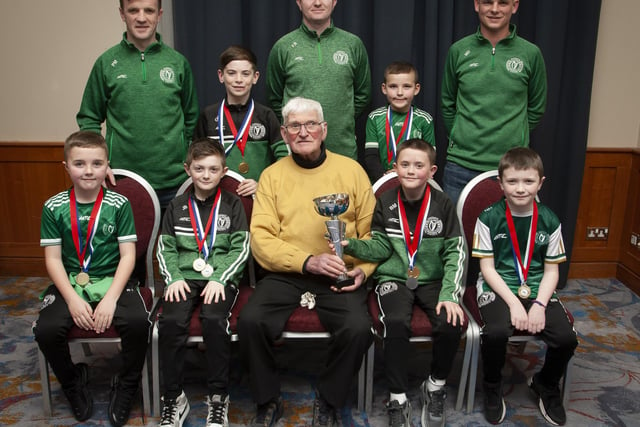 John ‘Jobby’ Crossan presenting the U9 Summer Cup to Foyle Harps FC at the Annual Awards in the City Hotel on Friday night last. Included are coaches Mickey Deery, Darren Bradley and Paddy Mahon.