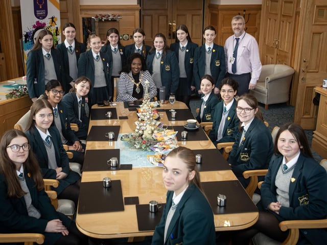 GUILDHALL VISIT. . . .Junior Prefects from Thornhill College are welcomed to the Guildhall on Tuesday afternoon by the Mayor, Lilian Seenoi-Barr. Included is Mr. Greg White, teacher. (Photos: Jim McCafferty Photography)