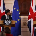 WINDSOR, ENGLAND - FEBRUARY 27: UK Prime Minister Rishi Sunak and EU Commission President Ursula von der Leyen hold a press conference at Windsor Guildhall on February 27, 2023 in Windsor, England. EU President Ursula Von Der Leyen travelled to the UK today to meet UK Prime Minister Rishi Sunak to sign off on the agreement on the post-Brexit trade arrangements for Northern Ireland. They agreed yesterday to continue their work in person towards shared, practical solutions for the range of complex challenges around the Protocol on Ireland and Northern Ireland. (Photo by Dan Kitwood/Getty Images)