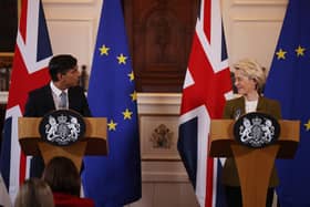 WINDSOR, ENGLAND - FEBRUARY 27: UK Prime Minister Rishi Sunak and EU Commission President Ursula von der Leyen hold a press conference at Windsor Guildhall on February 27, 2023 in Windsor, England. EU President Ursula Von Der Leyen travelled to the UK today to meet UK Prime Minister Rishi Sunak to sign off on the agreement on the post-Brexit trade arrangements for Northern Ireland. They agreed yesterday to continue their work in person towards shared, practical solutions for the range of complex challenges around the Protocol on Ireland and Northern Ireland. (Photo by Dan Kitwood/Getty Images)