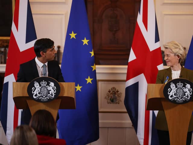 WINDSOR, ENGLAND - FEBRUARY 27: UK Prime Minister Rishi Sunak and EU Commission President Ursula von der Leyen hold a press conference at Windsor Guildhall on February 27, 2023 in Windsor, England. EU President Ursula Von Der Leyen travelled to the UK today to meet UK Prime Minister Rishi Sunak to sign off on the agreement on the post-Brexit trade arrangements for Northern Ireland. They agreed yesterday to continue their work in person towards shared, practical solutions for the range of complex challenges around the Protocol on Ireland and Northern Ireland. (Photo by Dan Kitwood/Getty Images)
