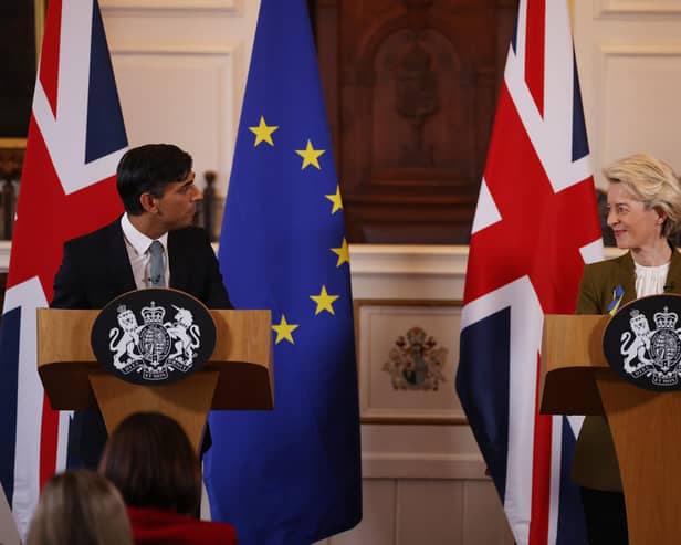 WINDSOR, ENGLAND - FEBRUARY 27: UK Prime Minister Rishi Sunak and EU Commission President Ursula von der Leyen hold a press conference at Windsor Guildhall on February 27, 2023 in Windsor, England. EU President Ursula Von Der Leyen travelled to the UK today to meet UK Prime Minister Rishi Sunak to sign off on the agreement on the post-Brexit trade arrangements for Northern Ireland. They agreed yesterday to continue their work in person towards shared, practical solutions for the range of complex challenges around the Protocol on Ireland and Northern Ireland. (Photo by Dan Kitwood/Getty Images)