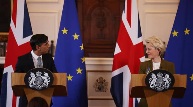 WINDSOR, ENGLAND - FEBRUARY 27: UK Prime Minister Rishi Sunak and EU Commission President Ursula von der Leyen hold a press conference at Windsor Guildhall on February 27, 2023 in Windsor, England. EU President Ursula Von Der Leyen travelled to the UK today to meet UK Prime Minister Rishi Sunak to sign off on the agreement on the post-Brexit trade arrangements for Northern Ireland. They agreed yesterday to continue their work in person towards shared, practical solutions for the range of complex challenges around the Protocol on Ireland and Northern Ireland. (Photo by Dan Kitwood/Getty Images)