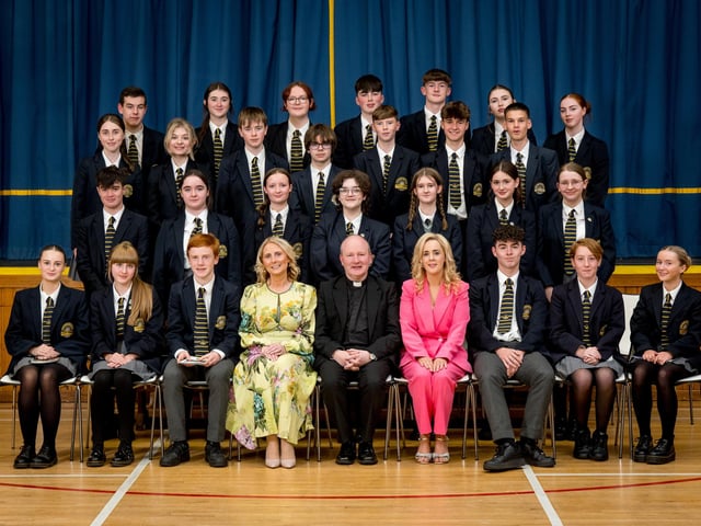Recipients of School Ethos Awards in Year 11. Also pictured Mrs Brónach O’Hare (Vice Principal), Fr Gerard Mongan (Board of Governors), Mrs Léan McShane (Senior Teacher).