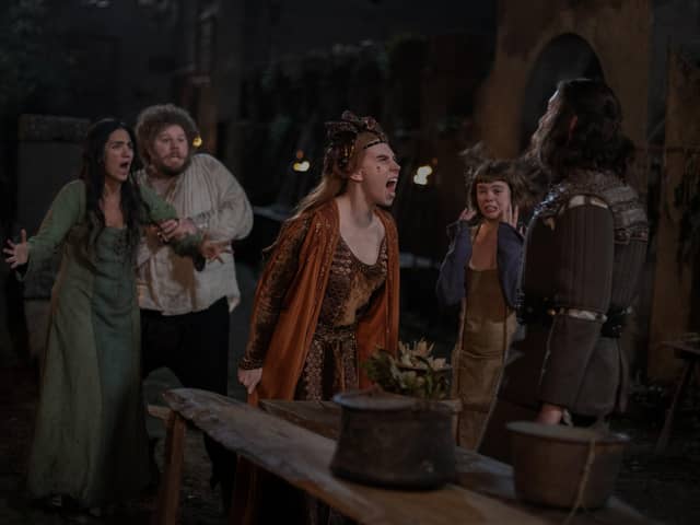 Decameron. (L to R) Leila Farzad as Stratilia, Douggie McMeekin as Tindaro, Zosia Mamet as Pampinea, Saoirse-Monica Jackson as Misia and Tony Hale as Sirisco in Episode 105 of Decameron. Giulia Parmigiani/Netflix © 2024