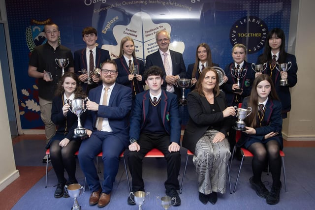 Students from Oakgrove Integrated College pictured receiving their awards at the recent Senior Prizegiving from Mr. Sean Pettis, guest speaker, CEO, Council for Integrated Education, Mr. John Harkin, Principal and Mrs. Louise Friel, Senior Teacher. (Photos: Jim McCafferty Photography)