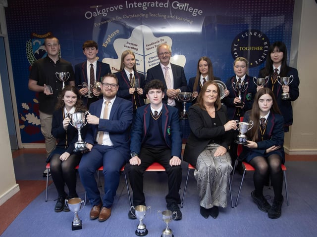 Students from Oakgrove Integrated College pictured receiving their awards at the recent Senior Prizegiving from Mr. Sean Pettis, guest speaker, CEO, Council for Integrated Education, Mr. John Harkin, Principal and Mrs. Louise Friel, Senior Teacher. (Photos: Jim McCafferty Photography)