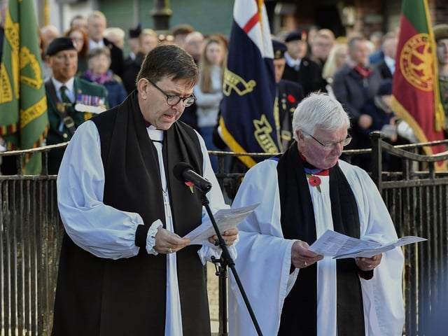 The Bishop of Derry and Raphoe, the Right Reverend Andrew Forster, speaking at the Royal British Legion Waterside Remembrance Sunday held at the Cenotaph in the Diamond. Photo: George Sweeney