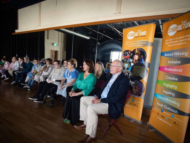 Lord Lieutenant Ian Crowe and Stage Beyond Theatre Company Artistic Director Dee Conaghan pictured during a performance by company members..jpeg