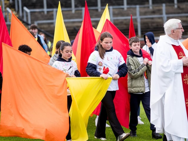 Participants at the Derry Diocese Fan The Flame annual Mass 2025 in Celtic Park.