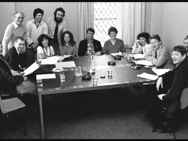 Bafta award-winning Ray McAnally was from Moville and is known as one of Ireland's greatest film actors. His acting credits include 'A Very British Coup' and 'My Left Foot.'

He is pictured here (third from right) with Brian Friel (standing, far left) pictured during a read through of 'Translations' in the Guildhall in Derry in 1980. Included, from left, are actors Liam Neeson and Stephen Rea (seated, furthest left) and well known Irish actor Mick Lally (far right). (Copyright: The Derry Journal).