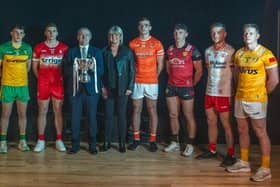 Ulster GAA President Ciaran McLaughlin with representatives of the competing counties, including Derry's Conor Doherty, at the official launch of the Bank of Ireland Dr. McKenna Cup on Wednesday night.