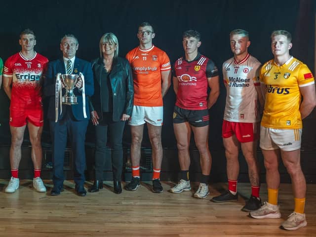 Ulster GAA President Ciaran McLaughlin with representatives of the competing counties, including Derry's Conor Doherty, at the official launch of the Bank of Ireland Dr. McKenna Cup on Wednesday night.