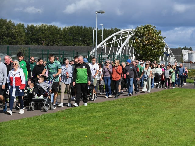 There was a large turnout for Sunday’s Chieftain’s Walk from Bay Road to Foyle Road. Photo: George Sweeney