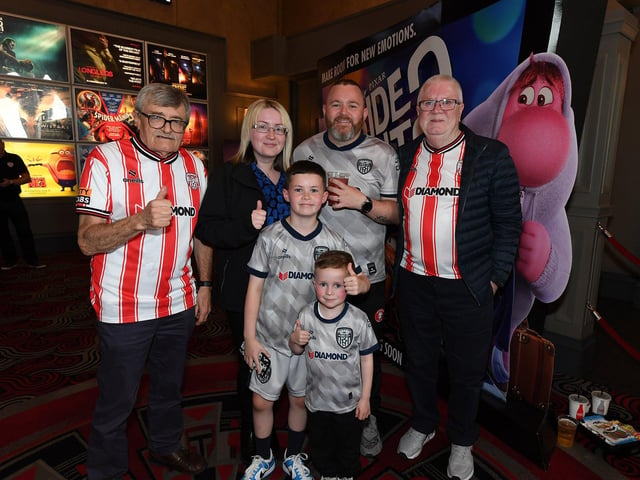 Derry City fans pictured at the Brunswick Moviebowl ahead of the live screening of the candystripes’ Europe Conference League away to FCB Magpies on Thursday evening. Photo: George Sweeney