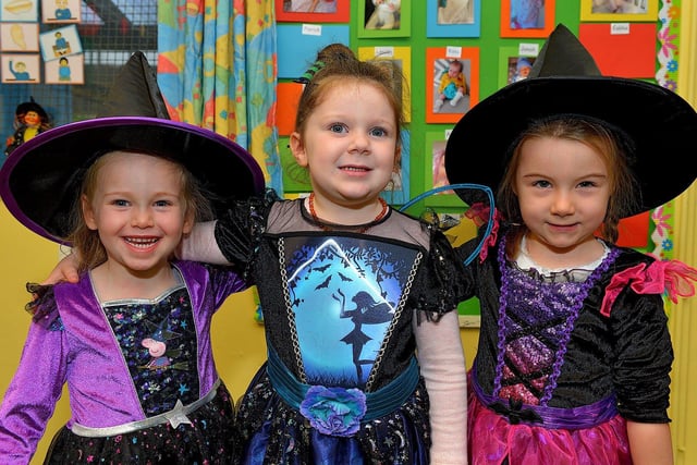 Nursery children, Eabha, Aoife and Eimear, from Naiscoil Dhoire Steelstown, in Halloween costume.  Photo: George Sweeney.  DER2243GS – 071