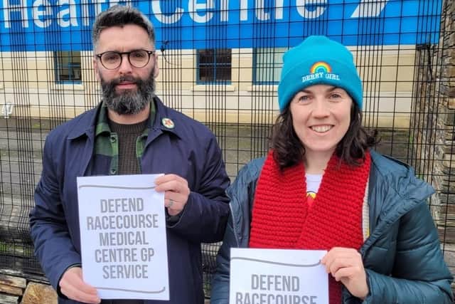 People Before Profit representative Damien Doherty with Derry & Strabane Councillor Maeve O'Neill.