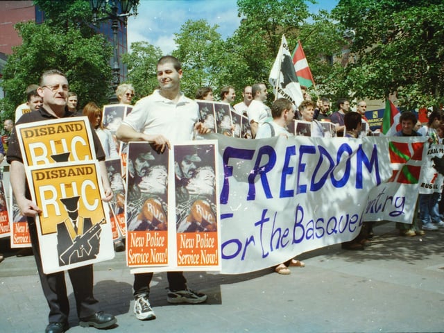 Local republicans, including Tony Hassan, on left, with Basque separatists at a demonstration in Derry city centre.