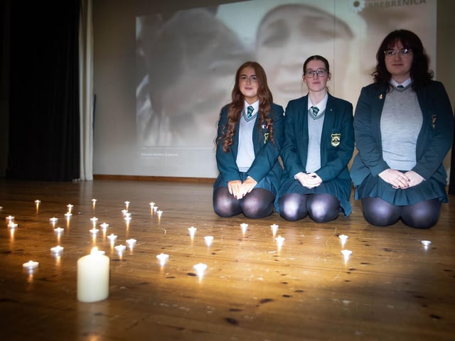 Thornhill College students Dearvla Coyle, Elsa Hayward and Kate Daly pictured remembering Holocaust Day at last week's event.