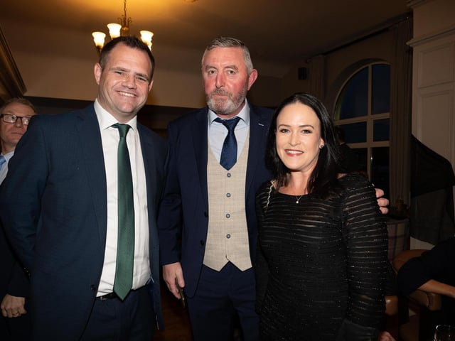 Minister Neale Richmond, Minister of State at the Department of Foreign Affairs and Trade, Pat McCarron and TAra Collins at the 2025 Tip O’Neill Irish Diaspora Awards took place on Friday evening at the Inishowen Gateway Hotel in Buncrana, honouring four exceptional members of the Global Irish community whose achievements reflect the enduring spirit and values of the Irish diaspora. Photo Clive Wasson : .