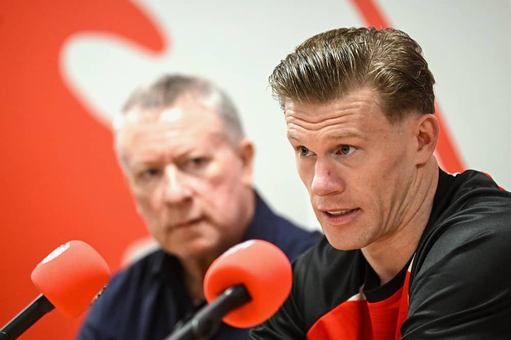 James McClean, right, and Chairman Philip O’Doherty during the former Ireland international's signing earlier this year.