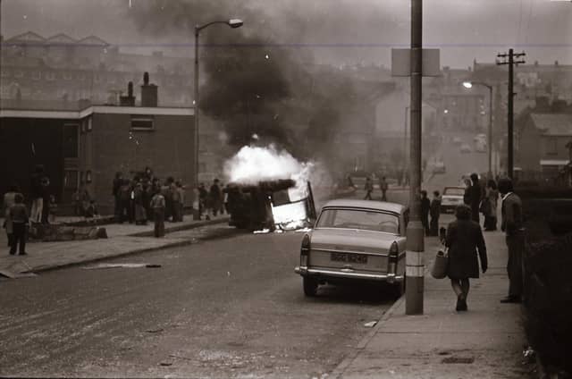 The aftermath of rioting in the Bogside area of Derry back in February 1976.