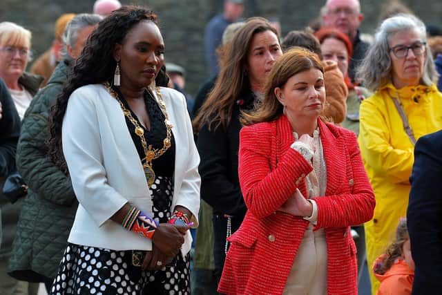 Mayor Lilian Seenoi Barr and Sinéad McLaughlin MLA attend the vigil, at Guildhall Square, to commemorate the lives of Montserrat Martorell and Sophie Watson and to call for an end to violence against women. Photo: George Sweeney
