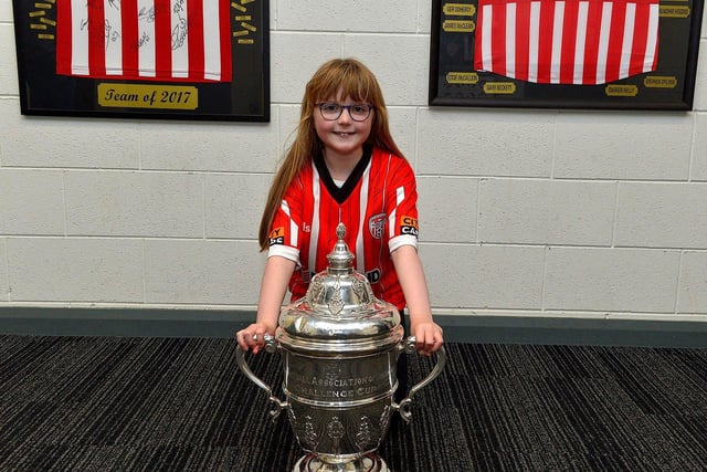 Derry City fan Billie-Jo Casey (10) pictured with the FAI Cup at the Ryan McBride Brandywell Stadium.