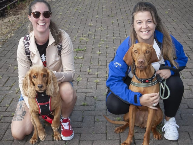 Aoife McMonagle with ‘Frankie’ and Wendy McDermott with ‘Winnie’ at Saturday’s Hurt ‘Paws for Thought’ doggy walk Out The Line. (Photos: Jim McCafferty Photography)