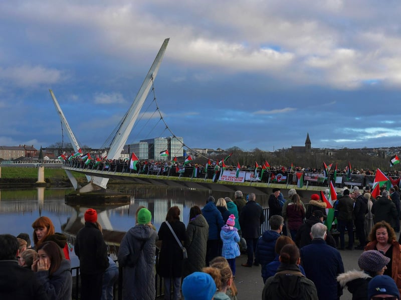 Hundreds of people gather on Derry’s Peace Bridge, on Sunday afternoon, in solidarity with Gaza and Palestinians. Photo: George Sweeney.