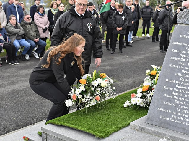 Wreaths are placed at the Republican Plot, in the City Cemetery, during the commemoration of the 109th anniversary of the Easter Rising on Sunday afternoon. Photo: George Sweeney