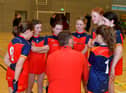 A Steelstown PS team talk at the Derry City Primary School Girls’ Indoor Gaelic Finals Day at the Foyle Arena on Friday afternoon. Photo: George Sweeney. DER2308GS – 129