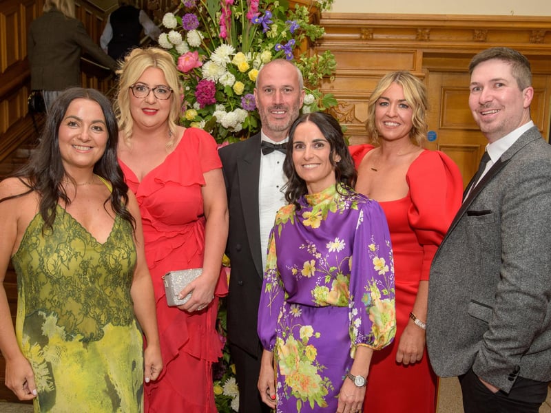 The Mayor Councillor Patricia Logue hosted the annual Mayor’s Ball in the Guildhall in aid of her crossed Charities the Foyle Hospice and Ryan McBride Foundation. Pictured at the event are guests, Ciara Cunningham, Alison Kyle, Noel Murray, Claire Wilson, Katlyn Cunningham, Peter McGilloway Picture Martin McKeown. 24.05.24
