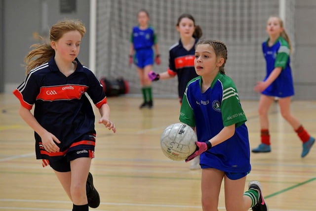 Sacred Heart 'B' in action against Steelstown in the Derry City Primary School Girls’ Indoor Gaelic Finals Day at the Foyle Arena on Friday afternoon. Photo: George Sweeney. DER2308GS –121