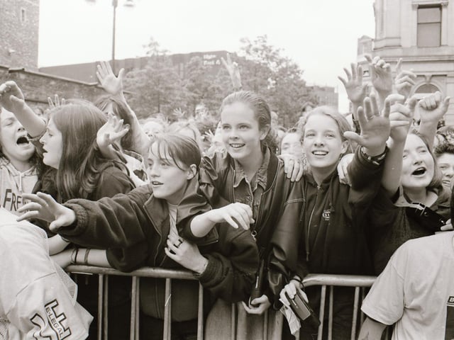 Ecstatic fans enjoying the BBC Radio 1 roadshow in 1993.