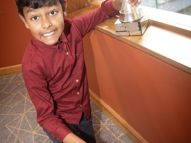 P5 Sourik Basak holding his trophy on Saturday at the Charity Feis. : Foyle School of Speech and Drama's fantastic annual charity feis for the Foyle Hospice
