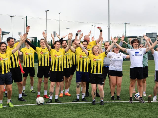 The warm-up session at the Foyle Pride Football v Homophobia held in the Waterside Shared Village. (Photo - Tom Heaney, nwpresspics)