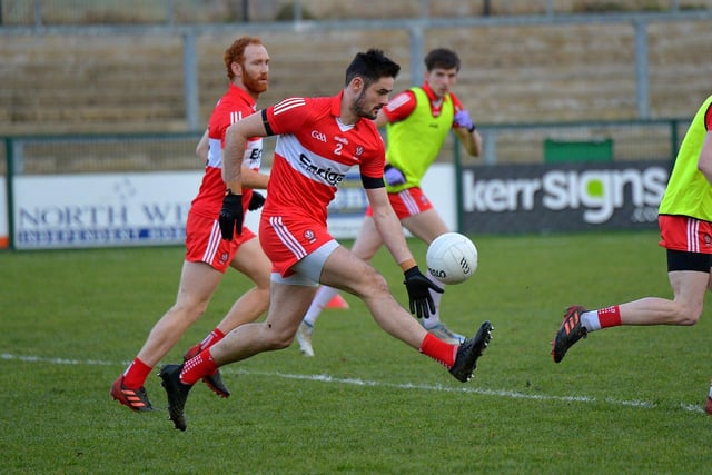 Derry’s Chrissy McKaigue made his 100th senior inter-county appearance, league and championship, against Limerick at Owenbeg on Saturday afternoon. Photo: George Sweeney. DER2305GS – 146