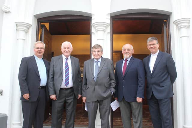 Pictured outside Burt Presbyterian Church before Friday’s special Service of Thanksgiving to celebrate the 350th anniversary of the founding of the congregation are (left to right) Rev Craig Wilson, minister of Burt Presbyterian Church, James Buchannan, Clerk of Session and two of Burt’s four surviving former ministers, Rev James Lamont (vacancy convenor 2013-2021) and Rev Joe McCormick (minister 1997-2013) with the Moderator of the Presbyterian Church in Ireland, Right Reverend Dr Sam Mawhinney.