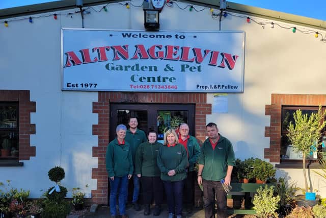 Ian's wife Pauline and son Ben with staff at Altnagelvin Garden Centre, which is owned by Pauline and Ian.