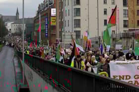 Thousands of protesters take part in a march and rally, in Derry on Saturday afternoon, calling for a ceasefire in Gaza. Many of these taking part carried dolls wrapped in a pillowcases to symbolise the thousands of Palestinian children who have recently lost their lives. Photo: George Sweeney