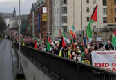 Thousands of protesters take part in a march and rally, in Derry on Saturday afternoon, calling for a ceasefire in Gaza. Many of these taking part carried dolls wrapped in a pillowcases to symbolise the thousands of Palestinian children who have recently lost their lives. Photo: George Sweeney