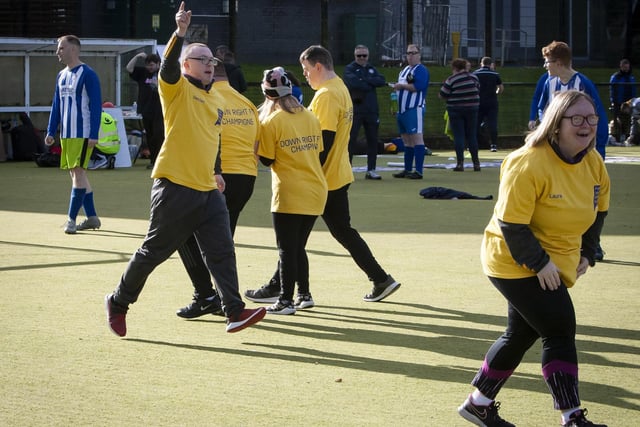 A goal celebration from the Foyle Down Syndrome Trust during their game against Coleraine Strikers, at last week's Peace Games competition.