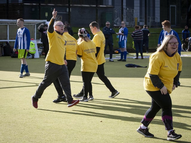 A goal celebration from the Foyle Down Syndrome Trust during their game against Coleraine Strikers, at last week's Peace Games competition.
