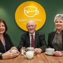 Marie Brown, Chief Executive of Foyle Women’s Aid and the Foyle Family Justice Centre, pictured with District Judge Barney McElholm and Patricia Breslin, Foyle Women’s Aid at the launch of social enterprise, Café Central, in Bishop Street.  Income generated from the café will support Foyle Women’s Aid, who have received almost one thousand referrals this year.
