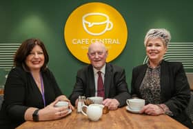 Marie Brown, Chief Executive of Foyle Women’s Aid and the Foyle Family Justice Centre, pictured with District Judge Barney McElholm and Patricia Breslin, Foyle Women’s Aid at the launch of social enterprise, Café Central, in Bishop Street.  Income generated from the café will support Foyle Women’s Aid, who have received almost one thousand referrals this year.